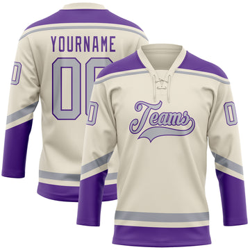 Custom Cream Gray-Purple Hockey Lace Neck Jersey