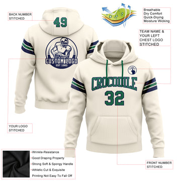 Custom Stitched Cream Kelly Green-Navy Football Pullover Sweatshirt Hoodie