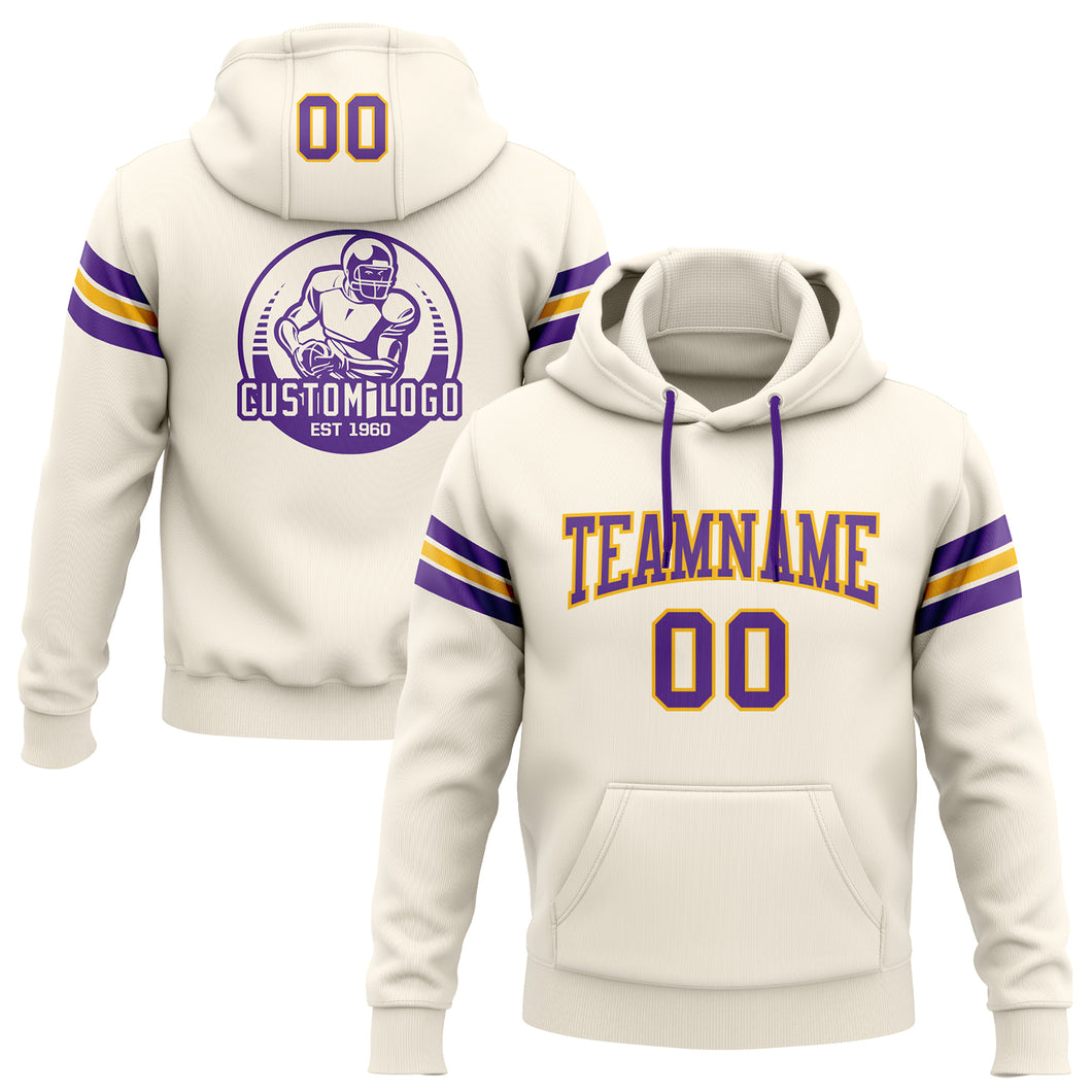 Custom Stitched Cream Purple-Gold Football Pullover Sweatshirt Hoodie