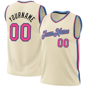 Custom Cream Pink Black-Light Blue Authentic Throwback Basketball Jersey