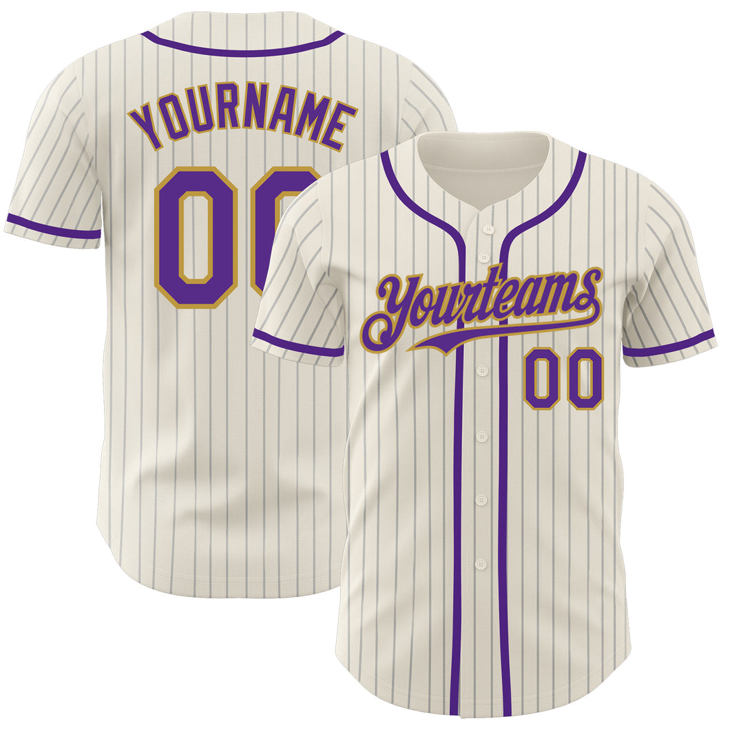 Custom Cream Gray Pinstripe Purple-Old Gold Authentic Baseball Jersey