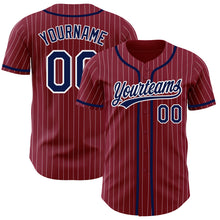 Load image into Gallery viewer, Custom Crimson White Pinstripe Navy Authentic Baseball Jersey
