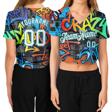 Load image into Gallery viewer, Custom Women&#39;s Graffiti Pattern White-Aqua Geometric 3D V-Neck Cropped Baseball Jersey
