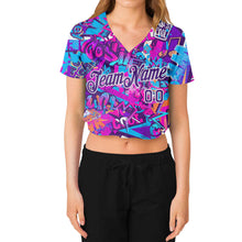 Load image into Gallery viewer, Custom Women&#39;s Graffiti Pattern Purple-White Words 3D V-Neck Cropped Baseball Jersey
