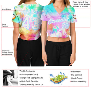 Custom Women's Tie Dye White-Light Blue Rainbow 3D V-Neck Cropped Baseball Jersey