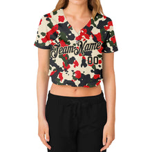 Load image into Gallery viewer, Custom Women's Camo Black-Cream Salute To Service V-Neck Cropped Baseball Jersey
