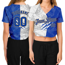 Load image into Gallery viewer, Custom Women&#39;s Graffiti Pattern Royal-Old Gold Scratch 3D V-Neck Cropped Baseball Jersey

