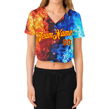 Load image into Gallery viewer, Custom Women's Red Gold Royal-Light Blue Flame 3D V-Neck Cropped Baseball Jersey
