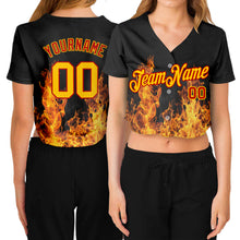 Load image into Gallery viewer, Custom Women's Black Gold-Red Flame 3D V-Neck Cropped Baseball Jersey
