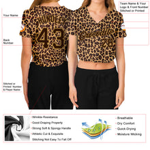 Load image into Gallery viewer, Custom Women's Brown Brown-Old Gold Leopard 3D V-Neck Cropped Baseball Jersey
