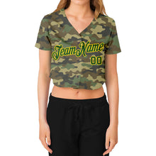 Load image into Gallery viewer, Custom Women's Camo Green-Gold Salute To Service V-Neck Cropped Baseball Jersey
