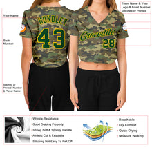 Load image into Gallery viewer, Custom Women's Camo Green-Gold Salute To Service V-Neck Cropped Baseball Jersey

