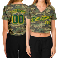 Load image into Gallery viewer, Custom Women's Camo Green-Gold Salute To Service V-Neck Cropped Baseball Jersey
