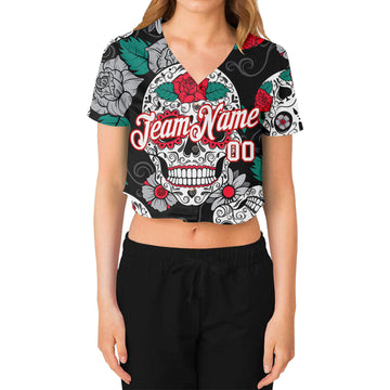 Custom Women's Graffiti Pattern White-Red Skull Fashion 3D V-Neck Cropped Baseball Jersey