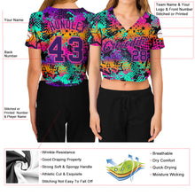 Load image into Gallery viewer, Custom Women&#39;s Graffiti Pattern Purple-Pink Bright Neon Colors 3D V-Neck Cropped Baseball Jersey
