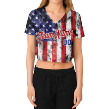 Load image into Gallery viewer, Custom Women&#39;s White Royal-Red American Flag Fashion 3D V-Neck Cropped Baseball Jersey
