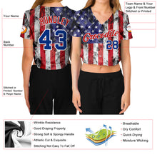 Load image into Gallery viewer, Custom Women&#39;s White Royal-Red American Flag Fashion 3D V-Neck Cropped Baseball Jersey
