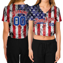 Load image into Gallery viewer, Custom Women&#39;s White Royal-Red American Flag Fashion 3D V-Neck Cropped Baseball Jersey
