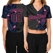 Load image into Gallery viewer, Custom Women's Black Black-Pink Flamingo 3D V-Neck Cropped Baseball Jersey
