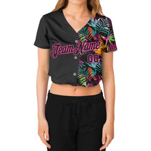 Load image into Gallery viewer, Custom Women&#39;s Black Black-Pink Tropical Palm Leaves 3D V-Neck Cropped Baseball Jersey
