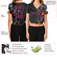 Load image into Gallery viewer, Custom Women&#39;s Black Black-Pink Tropical Palm Leaves 3D V-Neck Cropped Baseball Jersey
