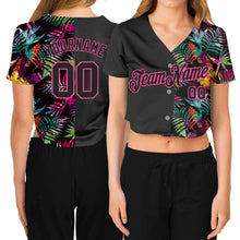 Load image into Gallery viewer, Custom Women&#39;s Black Black-Pink Tropical Palm Leaves 3D V-Neck Cropped Baseball Jersey
