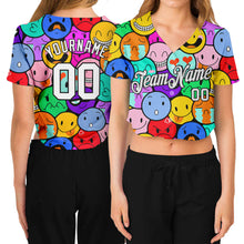 Load image into Gallery viewer, Custom Women's Colorful White-Black Emoji 3D V-Neck Cropped Baseball Jersey
