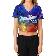 Load image into Gallery viewer, Custom Women&#39;s Galactic White-Light Blue 3D V-Neck Cropped Baseball Jersey
