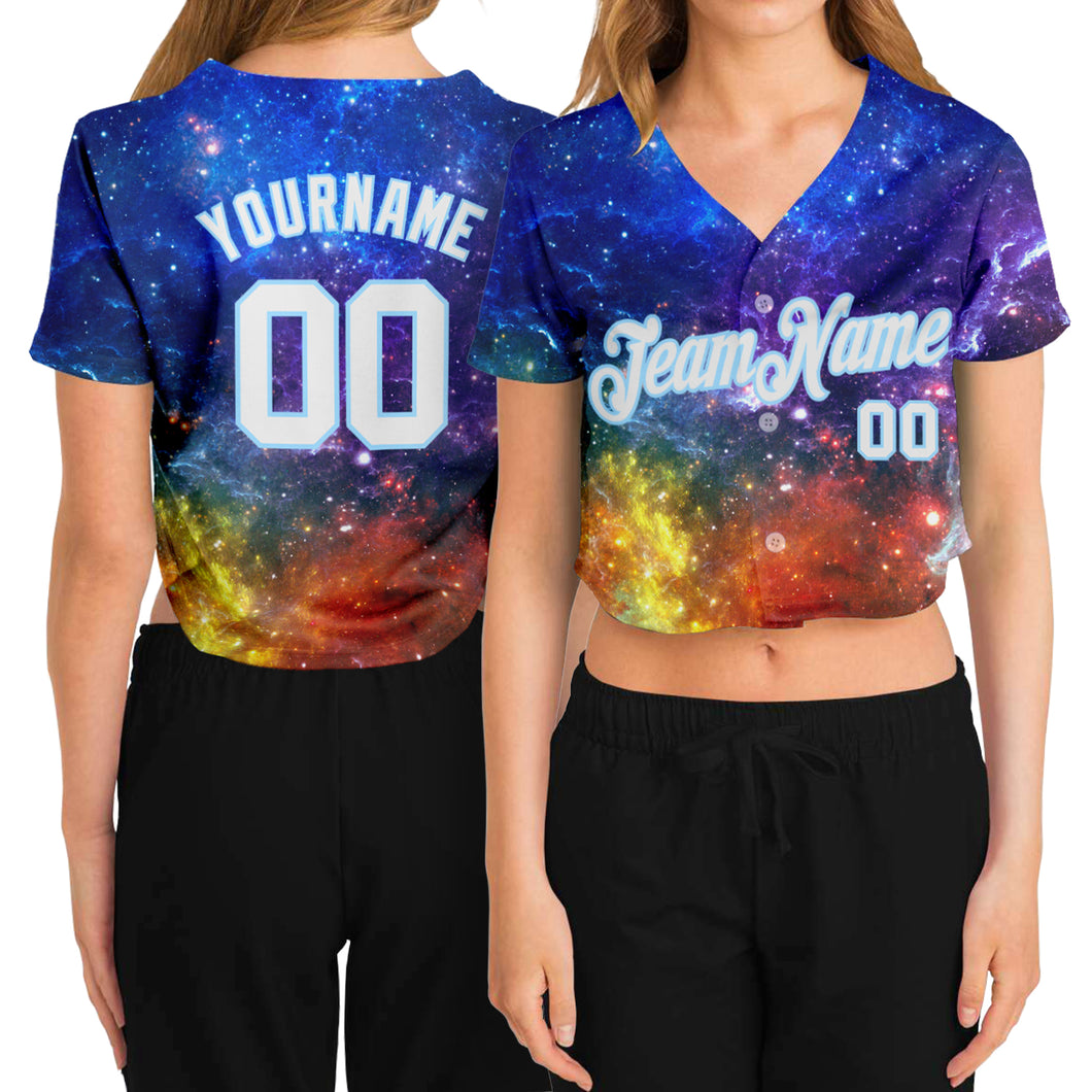 Custom Women's Galactic White-Light Blue 3D V-Neck Cropped Baseball Jersey