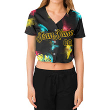 Load image into Gallery viewer, Custom Women&#39;s Graffiti Pattern Black-Gold 3D V-Neck Cropped Baseball Jersey
