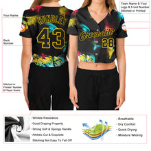 Load image into Gallery viewer, Custom Women&#39;s Graffiti Pattern Black-Gold 3D V-Neck Cropped Baseball Jersey
