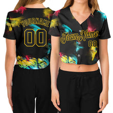 Load image into Gallery viewer, Custom Women&#39;s Graffiti Pattern Black-Gold 3D V-Neck Cropped Baseball Jersey
