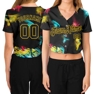 Custom Women's Graffiti Pattern Black-Gold 3D V-Neck Cropped Baseball Jersey