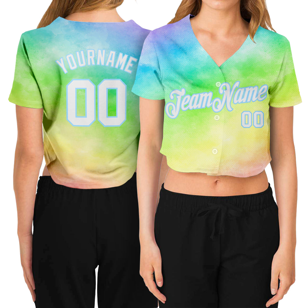 Custom Women's Tie Dye White-Light Blue Rainbow 3D V-Neck Cropped Baseball Jersey