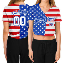 Load image into Gallery viewer, Custom Women&#39;s Royal White-Red American Flag Fashion 3D V-Neck Cropped Baseball Jersey
