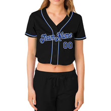 Load image into Gallery viewer, Custom Women&#39;s Black Royal-White V-Neck Cropped Baseball Jersey
