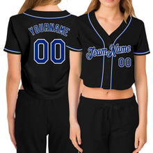 Load image into Gallery viewer, Custom Women&#39;s Black Royal-White V-Neck Cropped Baseball Jersey
