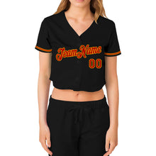 Load image into Gallery viewer, Custom Women&#39;s Black Red-Gold V-Neck Cropped Baseball Jersey
