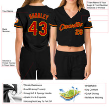 Load image into Gallery viewer, Custom Women&#39;s Black Red-Gold V-Neck Cropped Baseball Jersey
