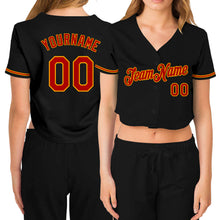 Load image into Gallery viewer, Custom Women&#39;s Black Red-Gold V-Neck Cropped Baseball Jersey
