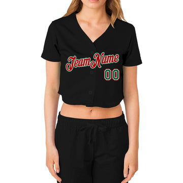 Custom Women's Black Kelly Green Red-White V-Neck Cropped Baseball Jersey