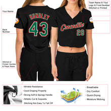 Load image into Gallery viewer, Custom Women&#39;s Black Kelly Green Red-White V-Neck Cropped Baseball Jersey
