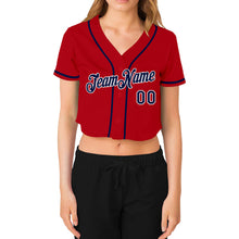 Load image into Gallery viewer, Custom Women&#39;s Red Navy-White V-Neck Cropped Baseball Jersey
