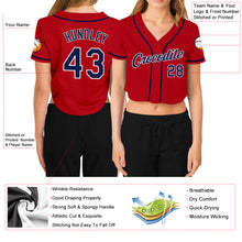 Load image into Gallery viewer, Custom Women&#39;s Red Navy-White V-Neck Cropped Baseball Jersey
