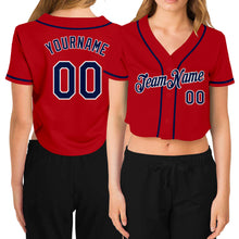 Load image into Gallery viewer, Custom Women&#39;s Red Navy-White V-Neck Cropped Baseball Jersey
