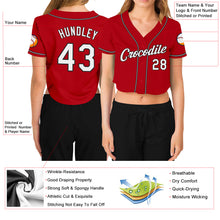 Load image into Gallery viewer, Custom Women&#39;s Red White-Black V-Neck Cropped Baseball Jersey
