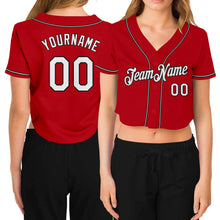 Load image into Gallery viewer, Custom Women&#39;s Red White-Black V-Neck Cropped Baseball Jersey
