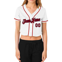 Load image into Gallery viewer, Custom Women&#39;s White Red-Navy V-Neck Cropped Baseball Jersey
