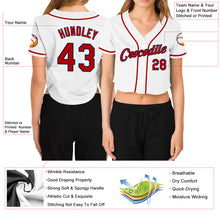 Load image into Gallery viewer, Custom Women&#39;s White Red-Navy V-Neck Cropped Baseball Jersey
