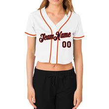 Load image into Gallery viewer, Custom Women&#39;s White Navy-Orange V-Neck Cropped Baseball Jersey
